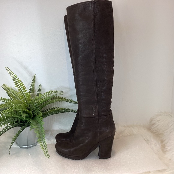 PRADA TALL BOOTS LEATHER CHOCOLATE BROWN BLOCK HEEL SLIGHT SLOUCH SZ 7.5 - Picture 12 of 16